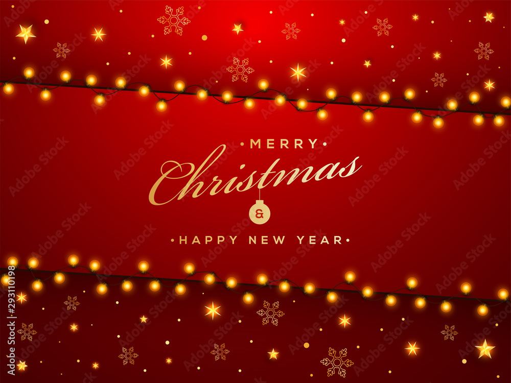 Merry Christmas and Happy New Year greeting card design decorated with golden stars, snowflakes and lighting garland on red background.