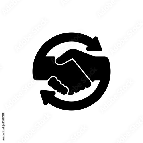 black icon handshake with arrows. background for business and finance. Stock vector illustration on white background.