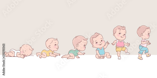 Baby boy in clothes. Set of child health and development icons in line. 