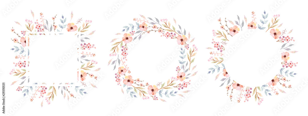 Floral Frame Collection. Set of cute watercolor retro flowers.