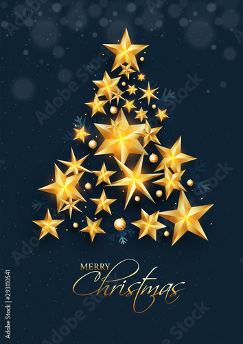 Creative xmas tree made by golden stars and baubles on the occasion of Merry Christmas celebration. Can be used as greeting card design.