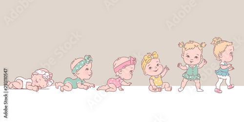 Baby girl in clothes. Set of child health and development icons in line.