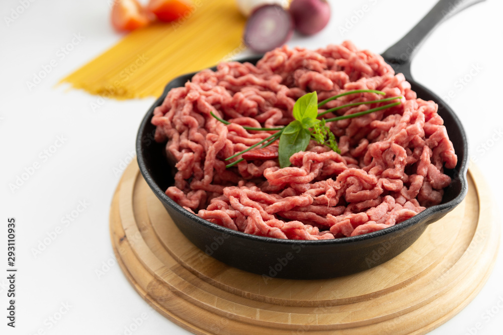 Minced beef red uncooked meat cooking ingredient hambruger steak white background copy space
