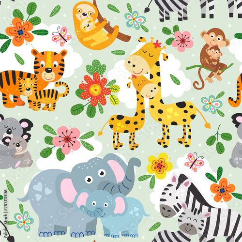 seamless pattern with cute animals mother and baby on green background - vector illustration  eps    