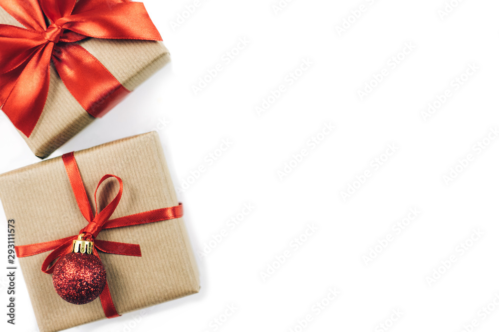 Festive gift boxes with red ribbon bow isolated on white. Festive gift boxes with red ribbon bow isolated on white.