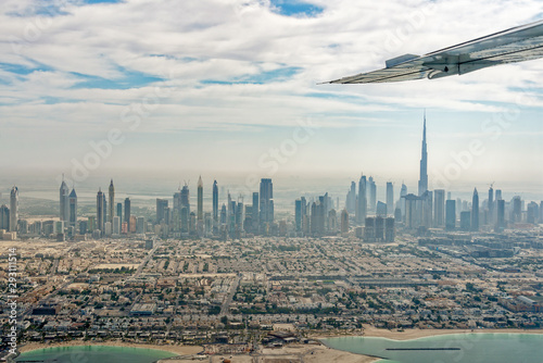Photography Aerial view of Dubai skyline seen from plane, United Arab Emirates