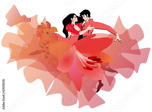 Passion dance. Young caucasian man and woman in love dancing flamenco or tango isolated on white. Hem of long red dress in shape of flying bird and huge lily flower. Wedding invitation. Beautiful card