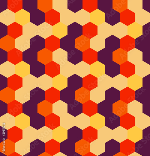 Vector abstract seamless pattern with hexagons of different colors. Textile background for package, cover, greeting cards.