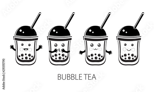 Cute kawaii character black Tapioca pearls. Bubble tea. Cartoon vector illustration of ball tapioca or boba. Boba tea, milk tea, Taiwanese drink. Hand drawn Doodle. Black and white.