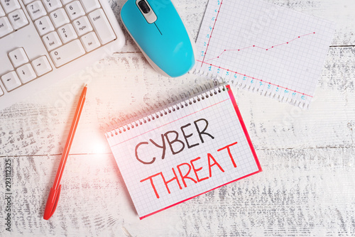 Conceptual hand writing showing Cyber Threat. Concept meaning has a potential to cause serious harm to a computer system Wood desk office appliance computer equipaments charts paper slot photo