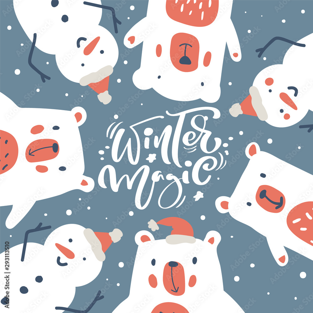Christmas greeting card design with snowman and polar bear. Winter Magic calligraphic lettering hand written text. Modern winter season postcard, brochure, wall art design Christmas greeting card design with snowman and polar bear. Winter Magic calligraphic lettering hand written text. Modern winter season postcard, brochure, wall art design