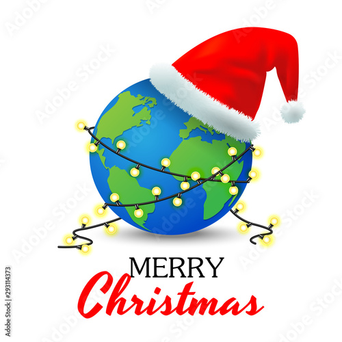 Merry Christmas and Happy New Year background concept, The earth with a Santa Claus hat laid and the Christmas light bulbs wires wrapped around it