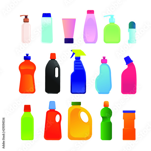Set of multicolored Plastic bottles from household chemicals  detergents  home cleaning  Laundry  washing  as well as personal care products  cream  liquid soap  deodorant  lotion.Vector flat template