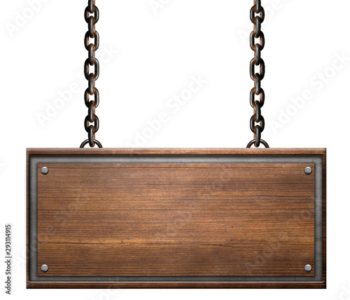 Wooden signboard on chains isolated on white