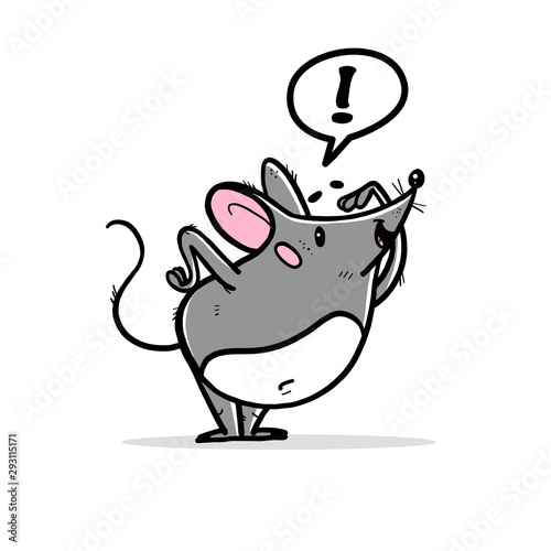 Vector illustration of cute hand drawn grey mouse character with text box standing isolated and looking forward on white background. 2020 year mascot. For stickers, cards, prints, nursery, banners etc