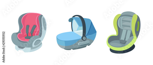 Child car seats for various age groups 0,1,2,3 child infant newborn baby. Armchairs for safe movement in vehicles, car type of car seat carrying, classic, combination seat. Vector illustration.