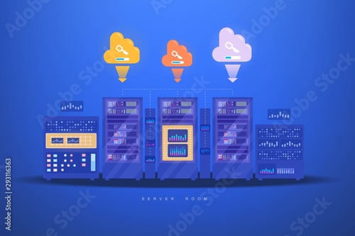 Cloud computing trchnology. Data center wich hosting server racks. Website banner of business cloud computing. Modern vector illustration for web design photo