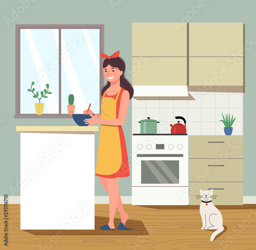 Smiling woman cooking food in the kitchen. Vector flat style illustration
