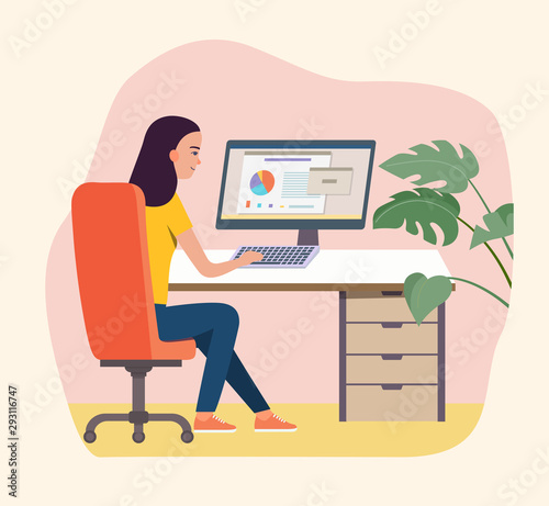 Young  woman working at his office. Vector flat style illustration