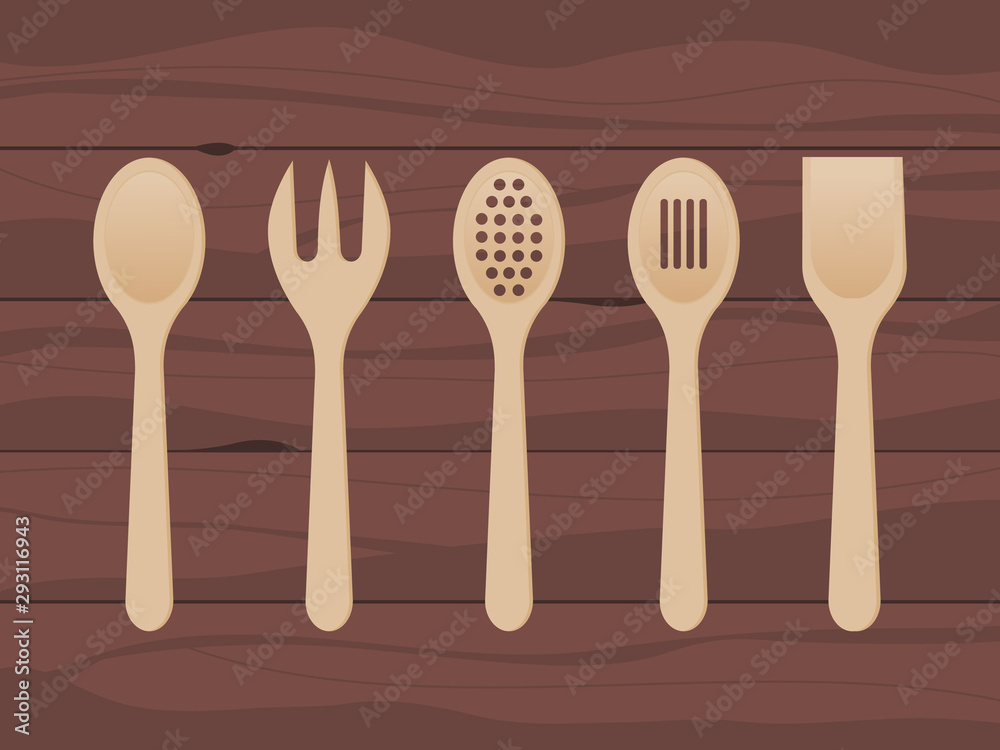 Fototapeta premium Wooden spoons on wood texture background. Kitchen utensils made of wood. Mixing spoon, spatula, fork, strainer. Kitchen tools set. Cooking concept. Cook equipment. Vector illustration, flat, clip art.