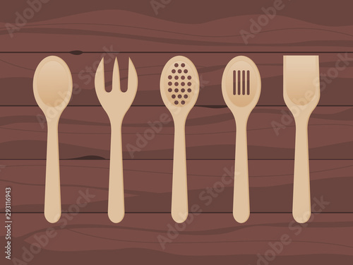Wooden spoons on wood texture background. Kitchen utensils made of wood. Mixing spoon, spatula, fork, strainer. Kitchen tools set. Cooking concept. Cook equipment. Vector illustration, flat, clip art.