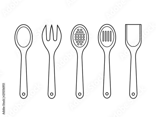 Wooden spoons outline on white background. Mixing spoon  spatula  fork  strainer. Kitchen utensils linear icons. Kitchen tools set. Cooking concept. Cook equipment. Vector illustration  flat  clip art