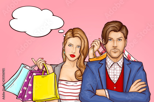 Couple returning from shopping concept. Satisfied young woman with shopping bags, paper packets in hands standing behind serious man. Husband upset because wife purchases pop art vector illustration