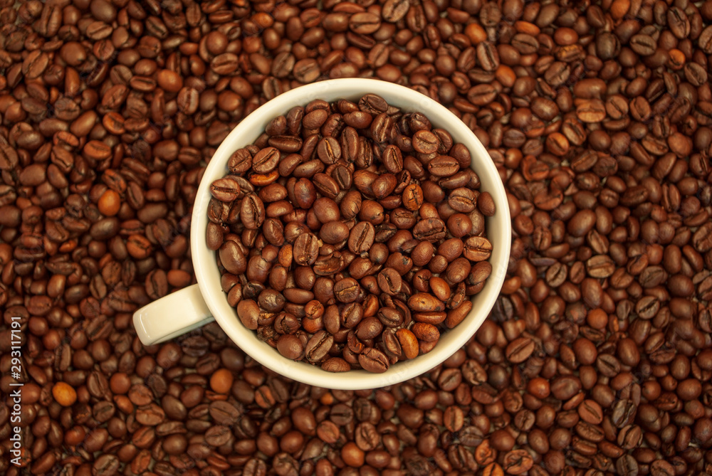Fototapeta premium cup with coffee beans and cinnamon sticks