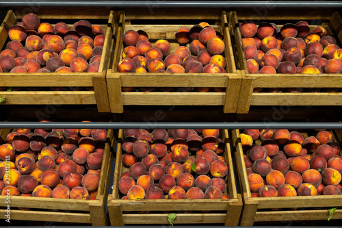 Фотография Wooden lug boxes with soft and mellow peaches on counter in supermarket
