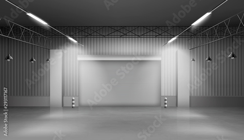 Storehouse, empty warehouse interior, factory building with lifting door, concrete floor and lighting. Large space for cargo and freight storage, logistics hangar. Realistic 3d vector illustration