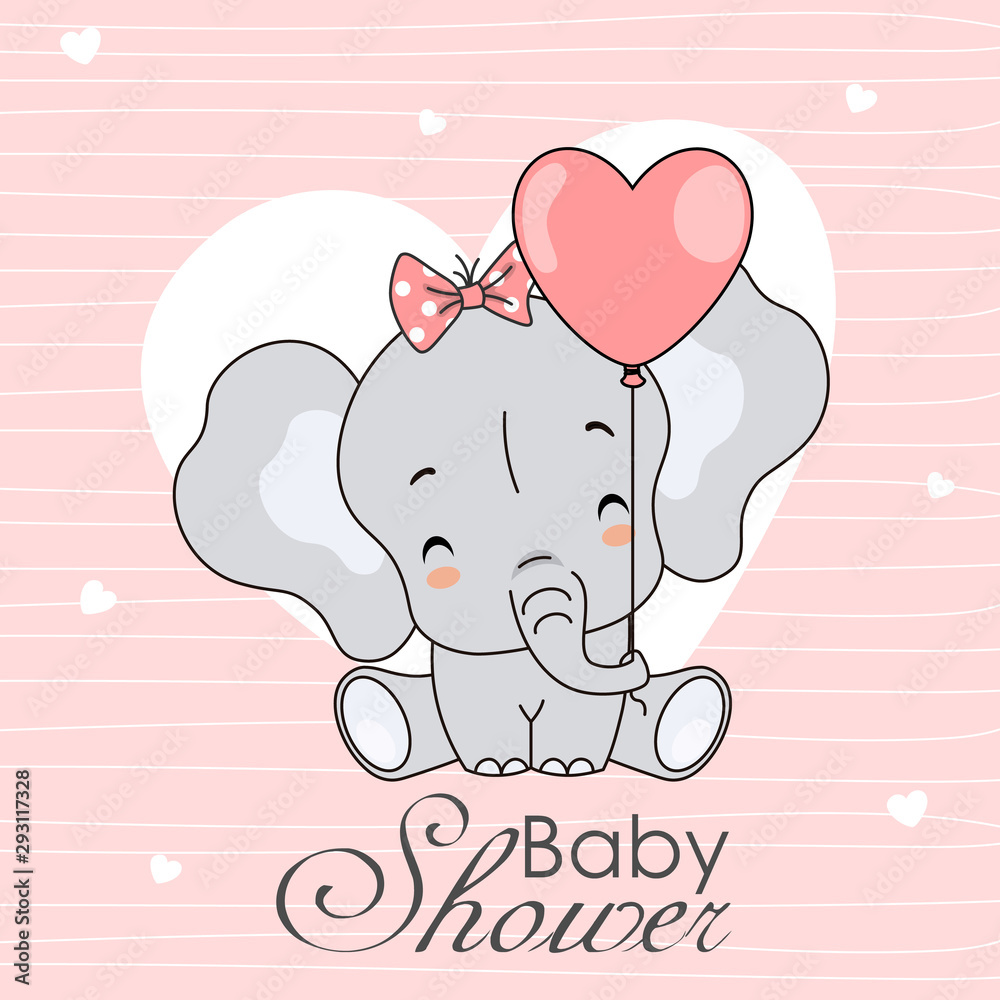 Baby shower invitation.Cute elephant with pink background and hearts Baby shower invitation.Cute elephant with pink background and hearts