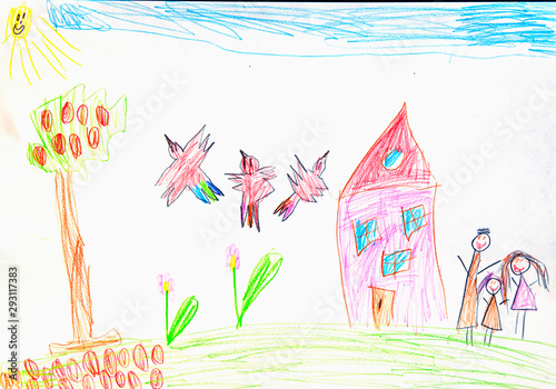 The world through the eyes of a child. Child's drawing of a family. Happy childhood concept.