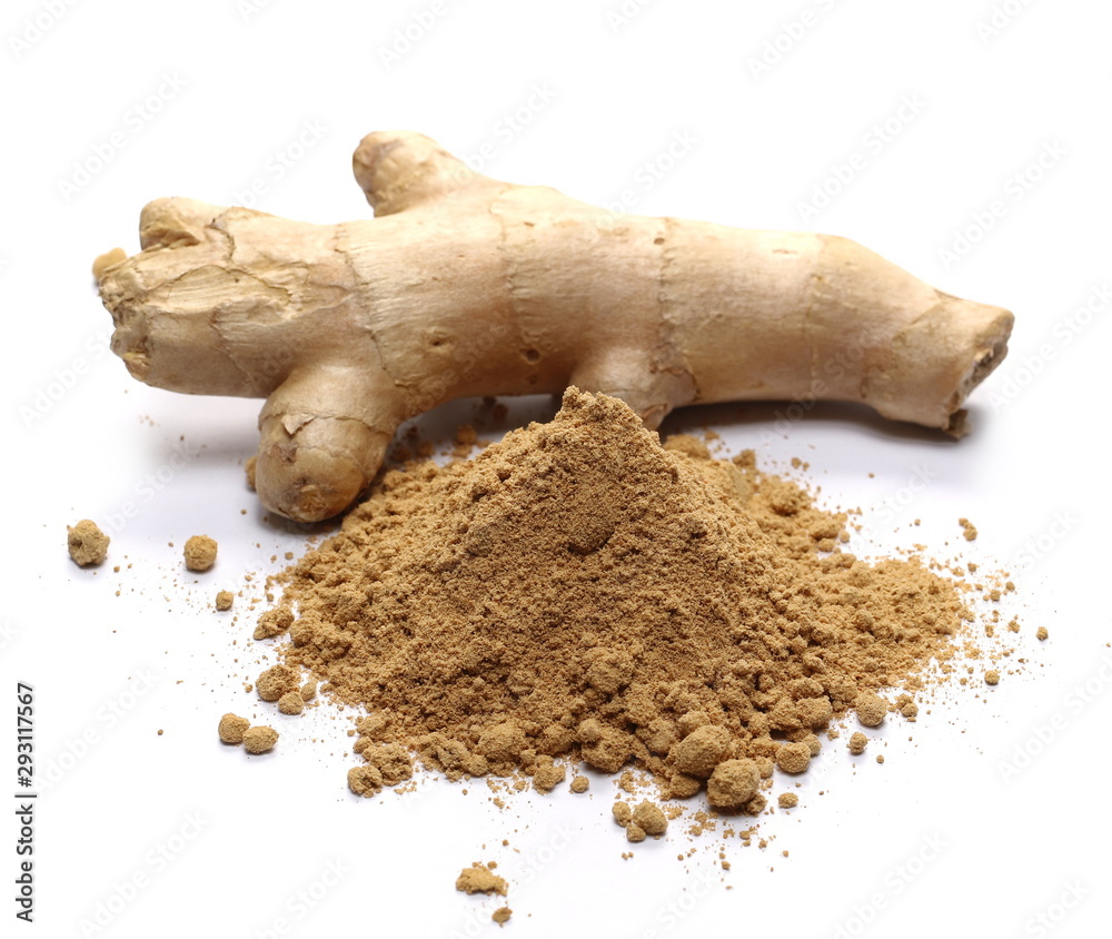 Ginger root and powder isolated on white background, top view