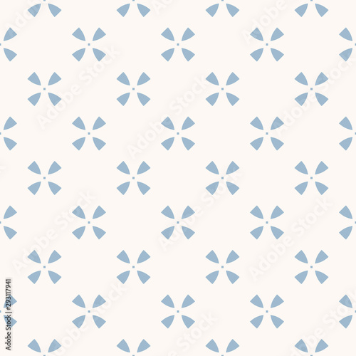 Blue and white geometric seamless pattern with small flower shapes, crosses. Simple minimalist vector texture. Abstract minimal floral background. Repeat design for decor, textile, wallpapers, fabric