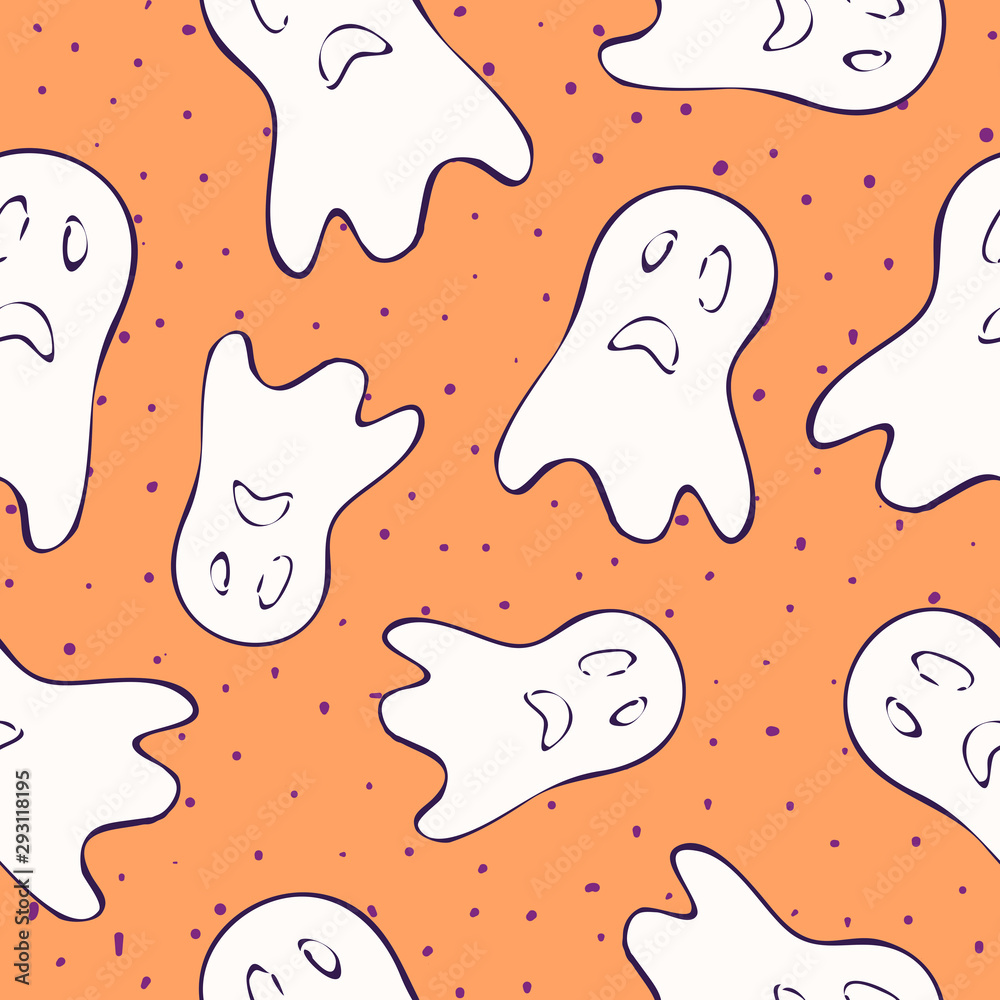Halloween pattern. Vector seamless background with cute spooky ghosts, white silhouettes scattered on orange backdrop. Funny scary design for kids, boys and girls, decor. Simple cartoon graphics