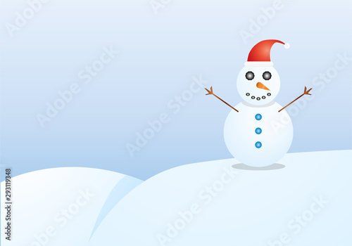 Muñeco de nieve con gorro de papa noel en un paisaje nevado.