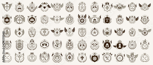 Heraldic Coat of Arms vector big set, vintage antique heraldic badges and awards collection, symbols in classic style design elements, family or business logos.