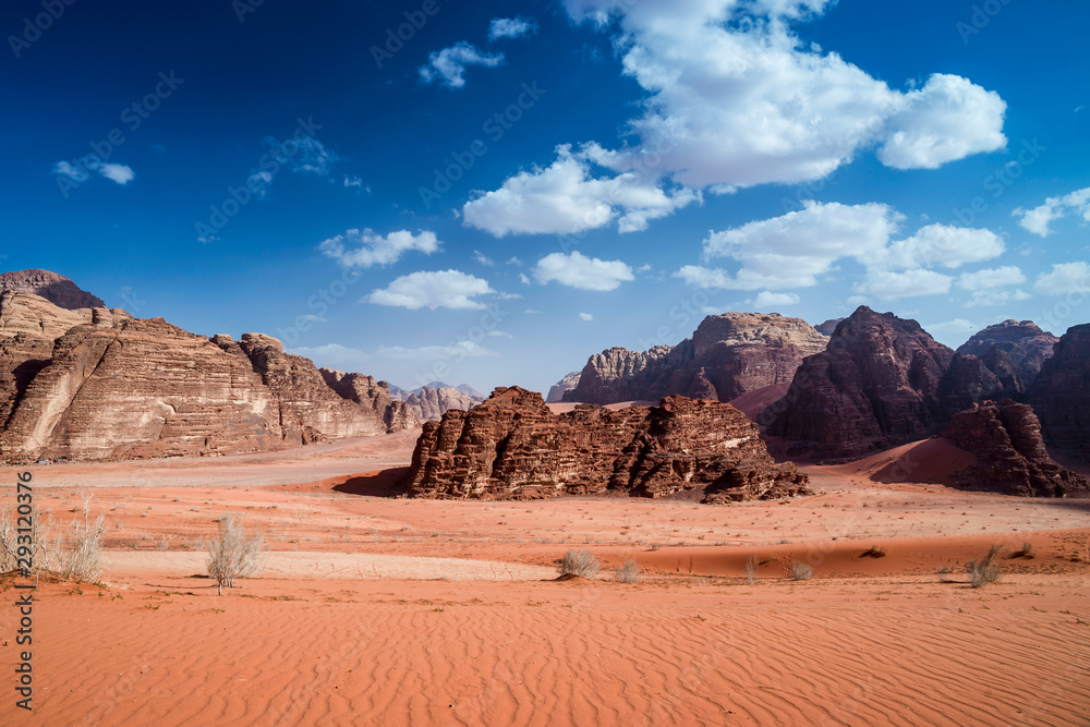 Panoramic view of the mountain rocks at Wadi Rum desert, southern Jordan Panoramic view of the mountain rocks at Wadi Rum desert, southern Jordan