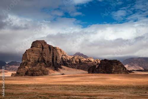 Sandstone rock formations at Wadi Rum protected desert area, southern Jordan