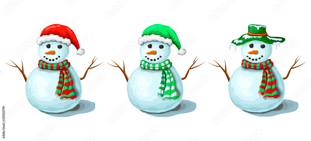 vector collection of Christmas snowmen isolated on white background. Cute smiling snowmen set in various santas hats and holidays scarfs. xmas or winter symbol. hand drawn cartoon frosty characters