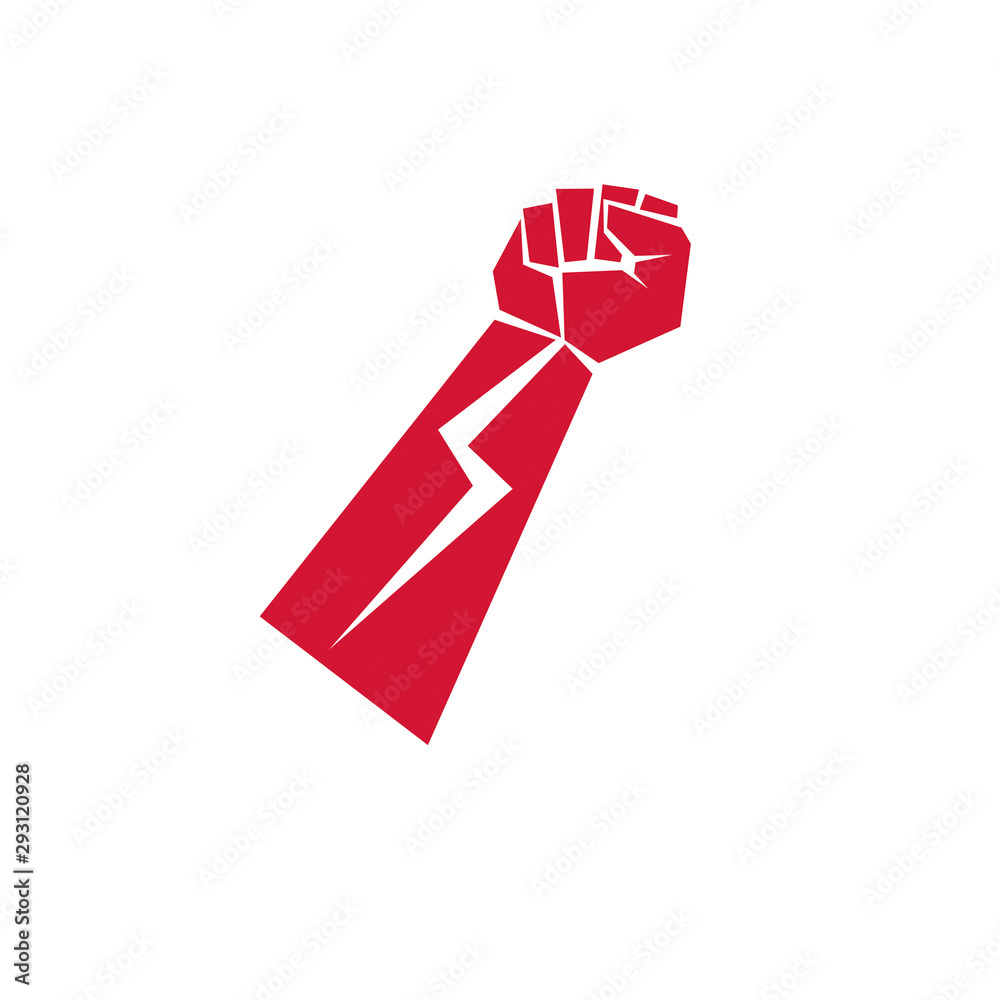 Obraz premium Vector illustration of clenched fist in the shape of lightning can be used as tattoo. Power and authority conceptual logo.