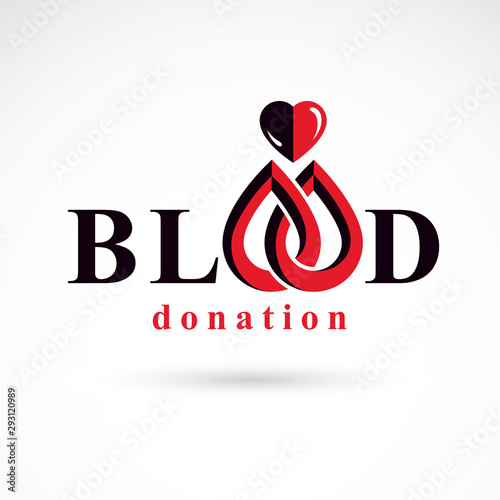 Blood donation inscription made with heart shape and blood drops. Charity and volunteer conceptual logo for use in medical and social theme advertisement.