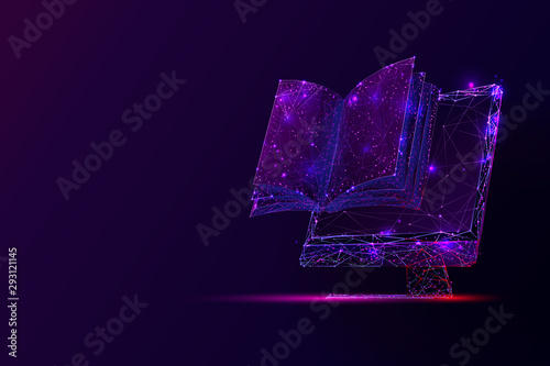 PC screen and book low poly vector illustration. 3d open textbook. Polygonal computer display mesh art with connected dots. Online library concept. Distance learning, e-learning metaphor