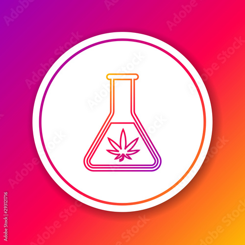 Color line Chemical test tube with marijuana or cannabis leaf icon isolated on color background. Research concept. Laboratory CBD oil concept. Circle white button. Vector Illustration