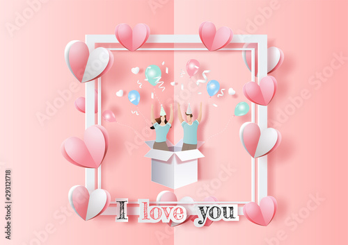 Happy Valentines Day, pop up card, cute couple in love hands raised and have fun in party, paper art and craft style.