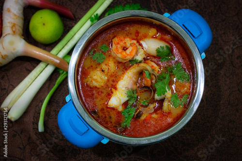 Tom Yum Seafood Soup Recipe Thai hot spicy soup shrimp with lemon grass , Thailand Food