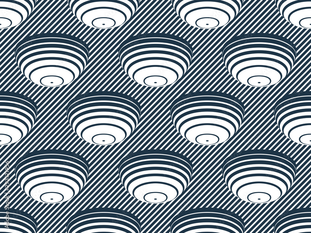 Obraz premium Hemispheres lined optical illusion seamless pattern, vector repeat tiling op art background, psychedelic 3D spheres and lines, wallpaper or print textile template.