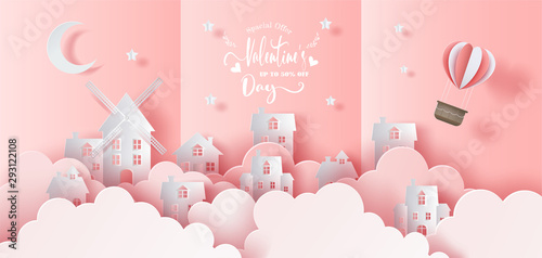 City with basket of an air balloon in the sky, pop up card, Happy Valentine's Day banners with discount offer on special occasion, paper art style, flat-style vector illustration.