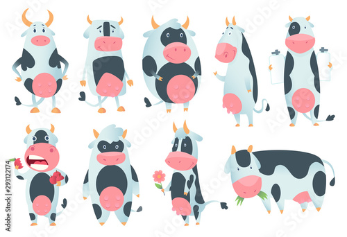 Cow cartoon. Cute farm milk animal character in various action poses vector funny. Illustration of farm cow animal.