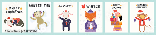 Collection of greeting cards with cute animals doing winter, Christmas activities, gifts, ornaments, text. Hand drawn vector illustration. Scandinavian style flat design. Concept for children print.